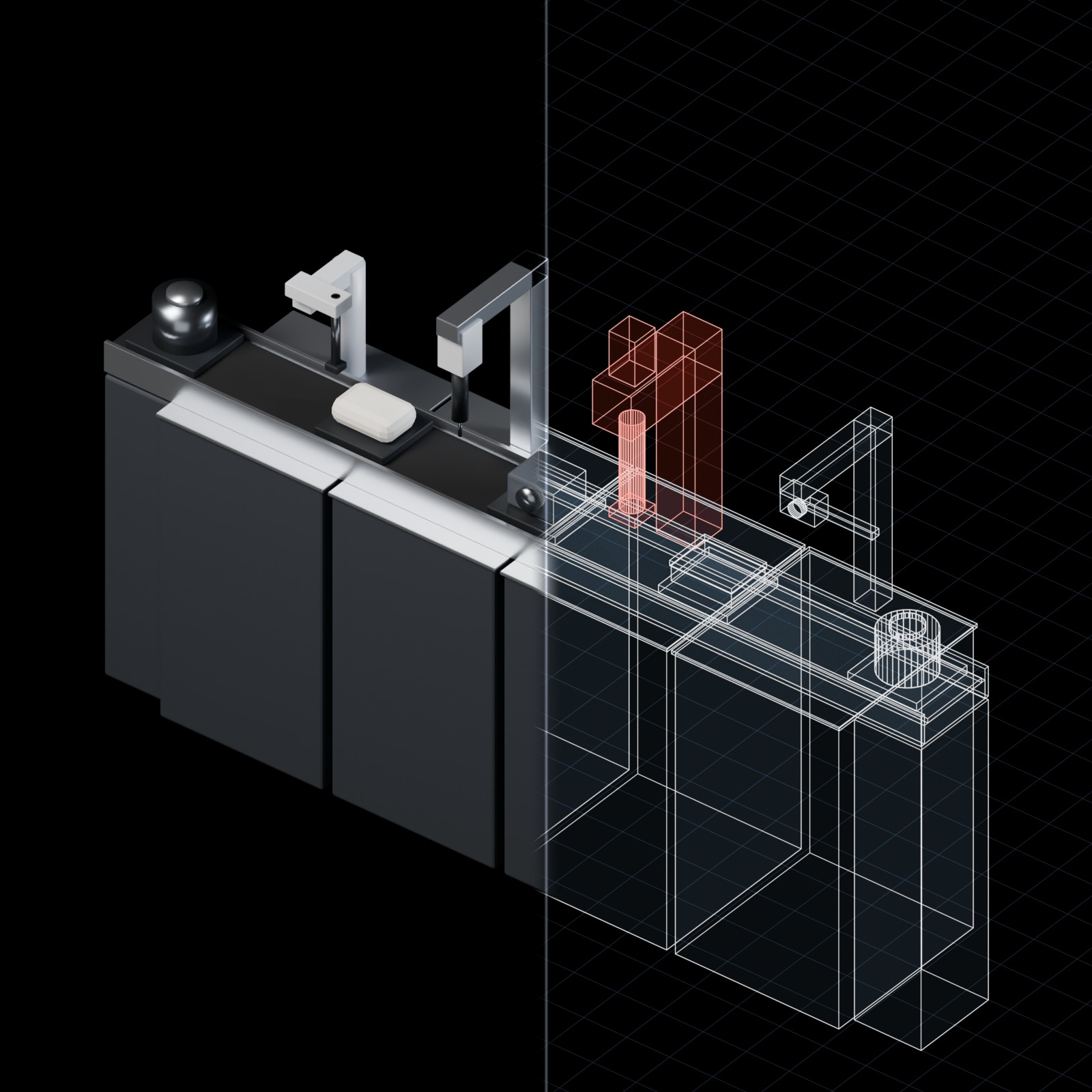 An assembly line drawn twice: the real line on the left, its digital twin on the right as a glowing blueprint, with the press station flagged in red.