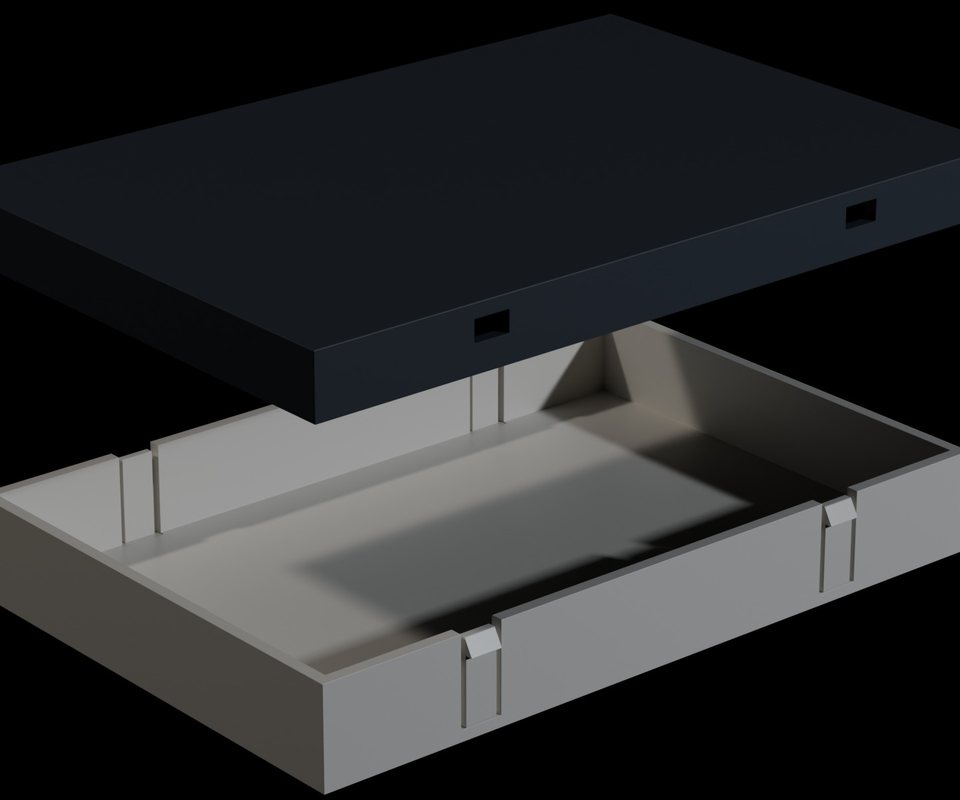 Exploded view of a plastic enclosure: a dark cover lifted above a grey base with four snap hooks on its walls.